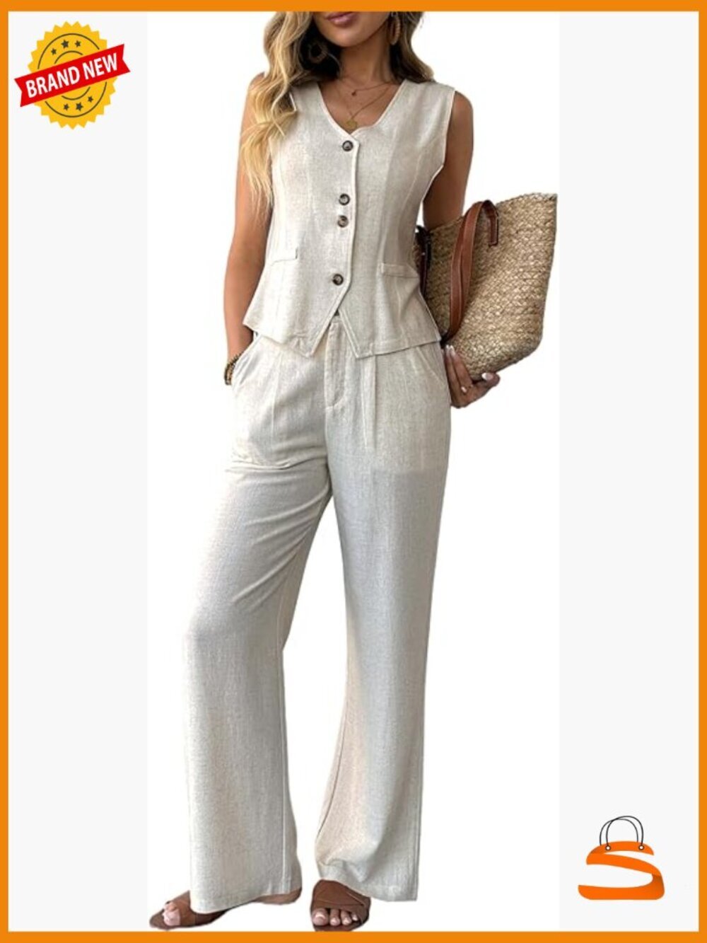 2 Piece Vest and Wide Leg Pants Set Linen Cotton Summer Suit
